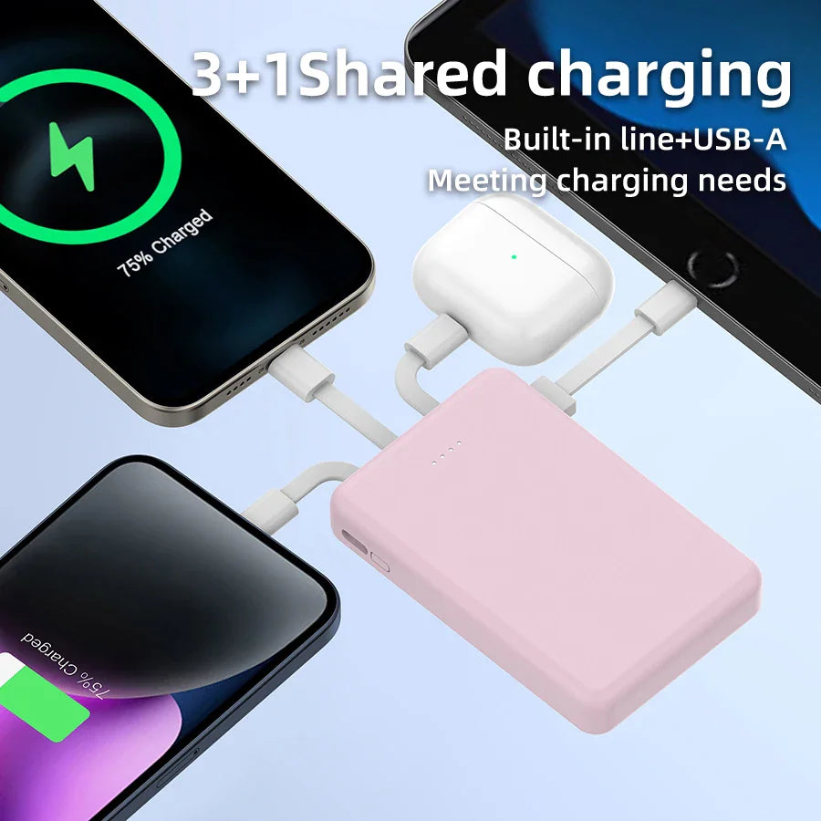 A pink power bank simultaneously charging three devices.