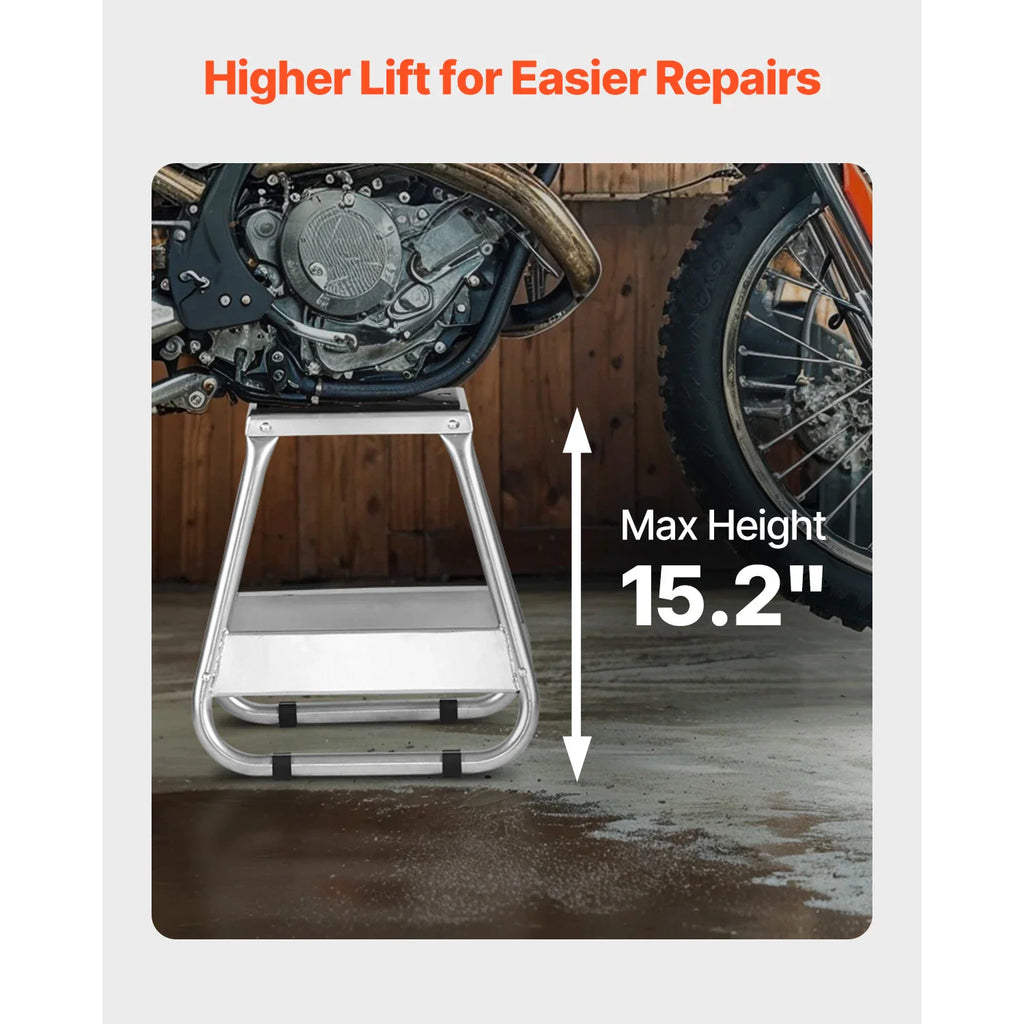 Metal motorcycle maintenance stand showing its maximum height of 15.2 inches