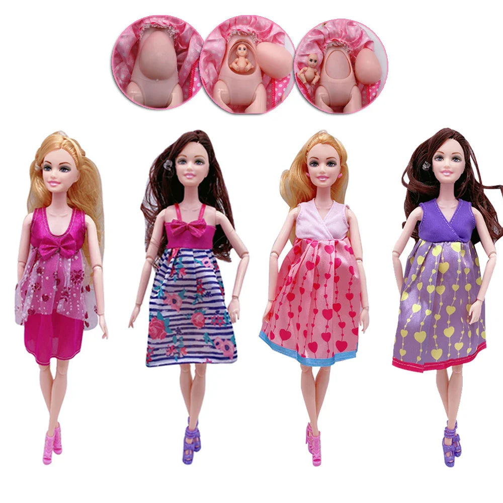A collection of four pregnant fashion dolls in different dresses