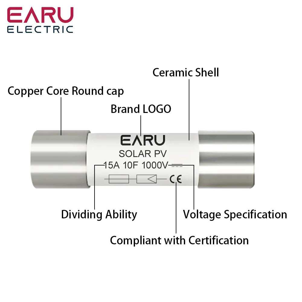 A solar PV fuse with labels pointing to its various components like ceramic shell, copper cap, and specifications.