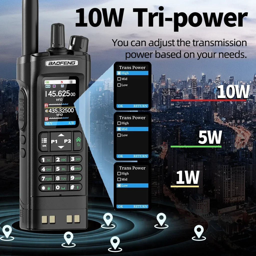 Handheld two-way radio featuring adjustable 10W tri-power transmission settings with a city background.