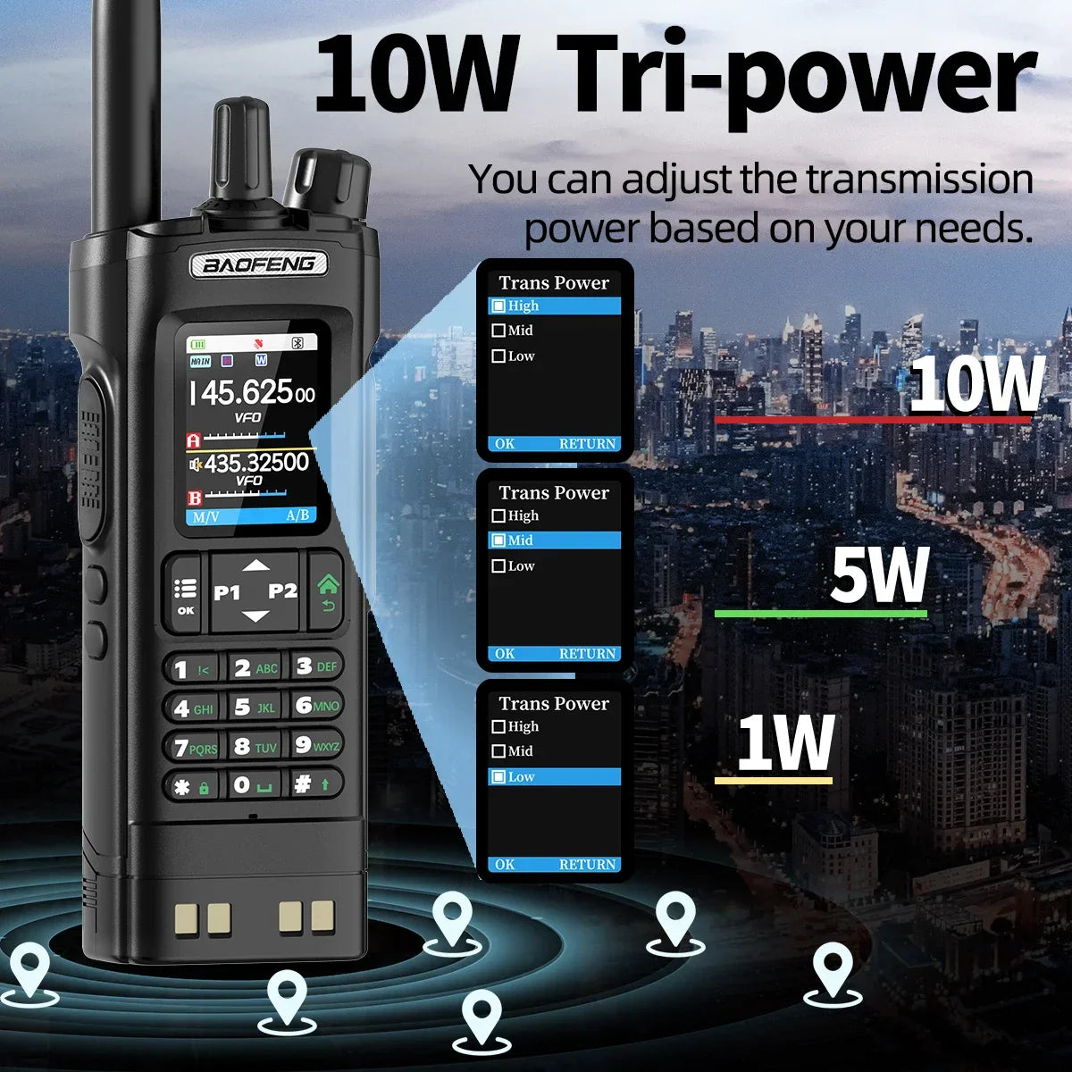 Handheld two-way radio featuring adjustable 10W tri-power transmission settings with a city background.