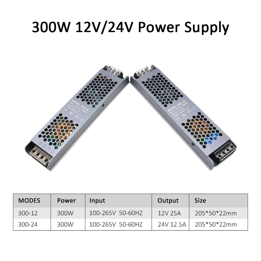 300W 12V and 24V slim metal power supplies with technical specifications table