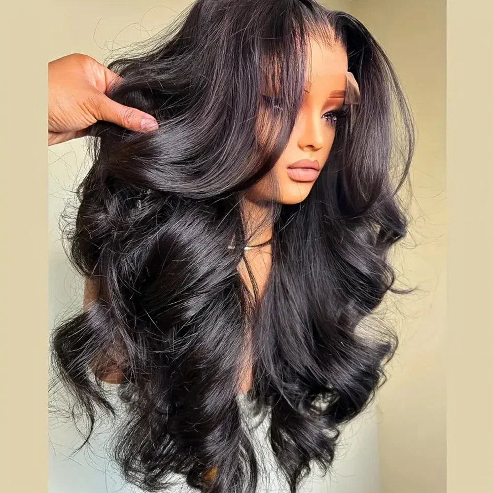 A side view of a mannequin head wearing a long black wavy lace front wig.