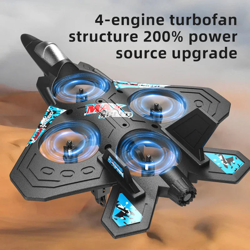 Black RC jet quadcopter with four propellers and glowing lights