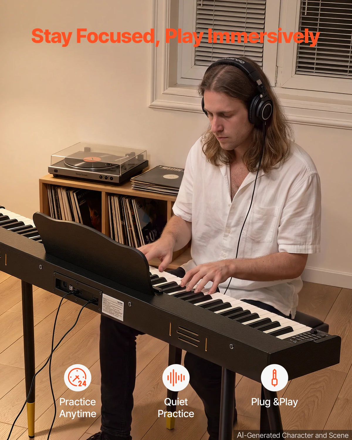 Man wearing headphones playing a black 88-key digital piano in a living room