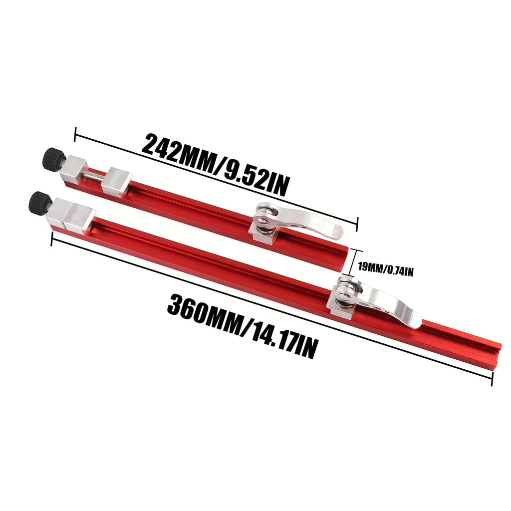 Dimensions of two red guide rails with metal clamps and knobs