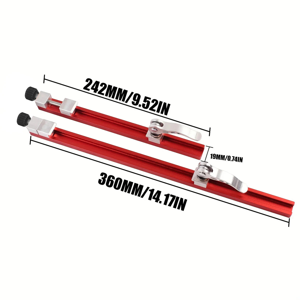 Dimensions of two red guide rails with metal clamps and knobs