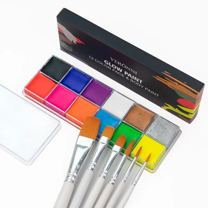 A 12-color glow-in-the-dark face and body paint palette with a set of makeup brushes