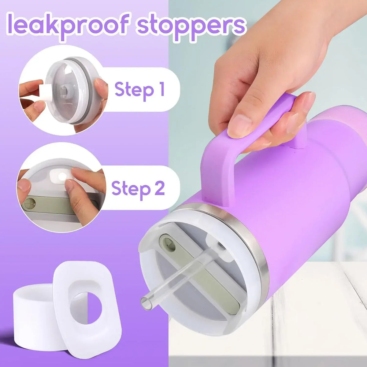 Hands demonstrating how to install leakproof stoppers on a purple tumbler lid.