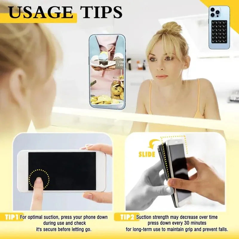 Usage tips for silicone suction cup phone mounts, including attaching to a mirror