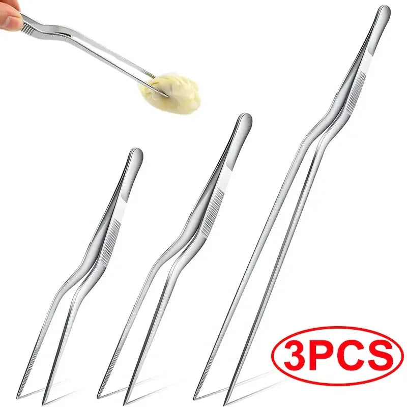 Set of three stainless steel cooking tweezers for precise food handling