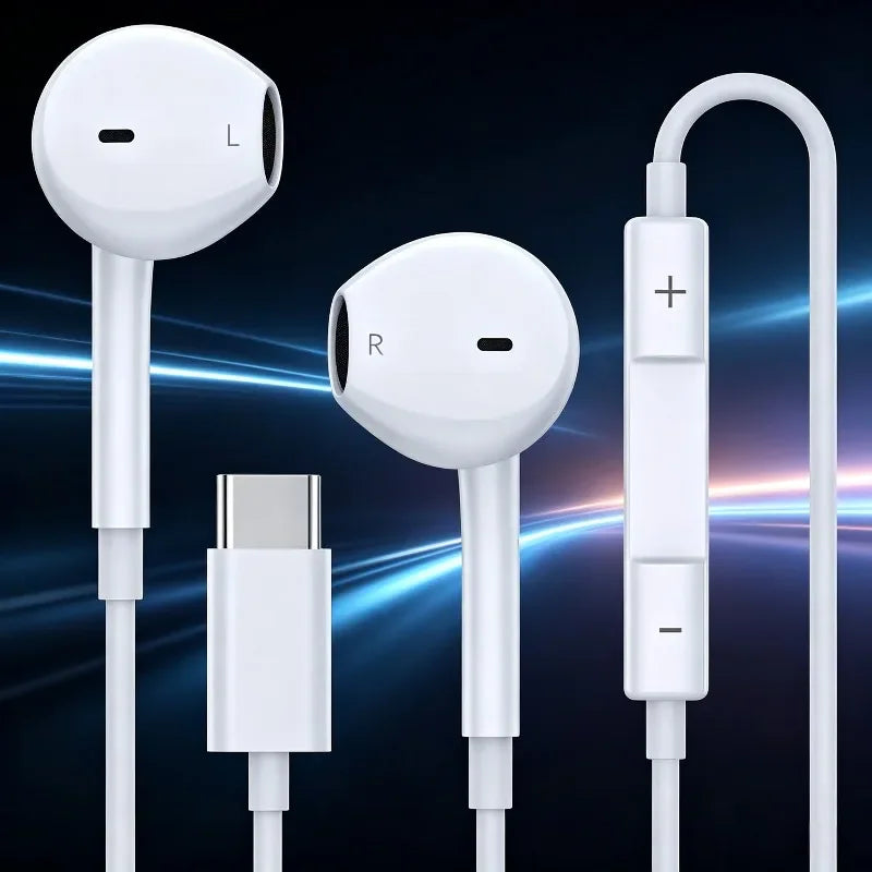 White USB-C wired earphones with volume control and microphone