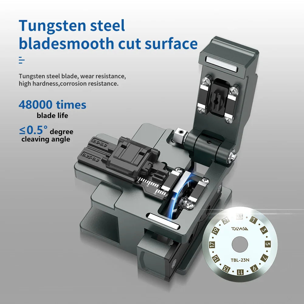 Close up of a fiber optic cleaver tool showing the blade mechanism and technical specifications