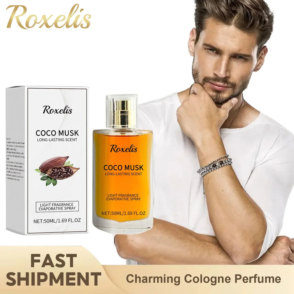 Men's Coco Musk perfume bottle and packaging box with a model.