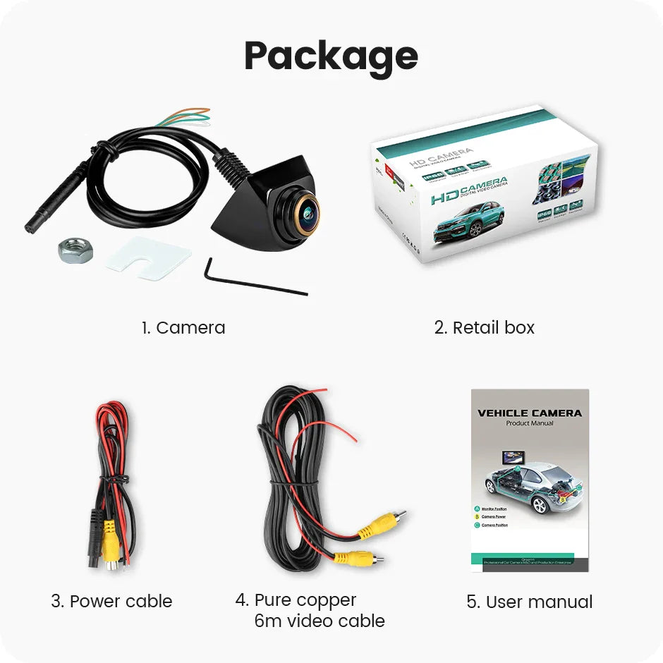 Package contents including rear view camera, cables and manual
