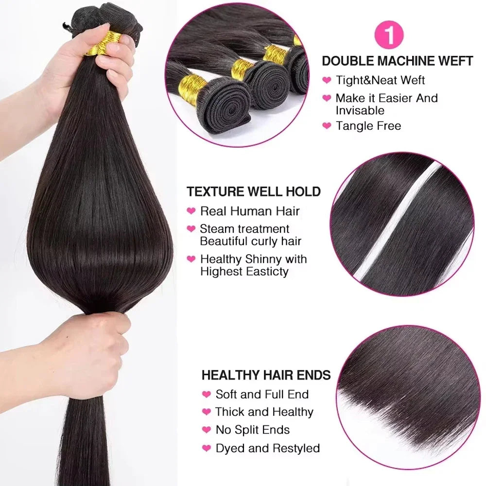 Straight black human hair weave features shown with text information.