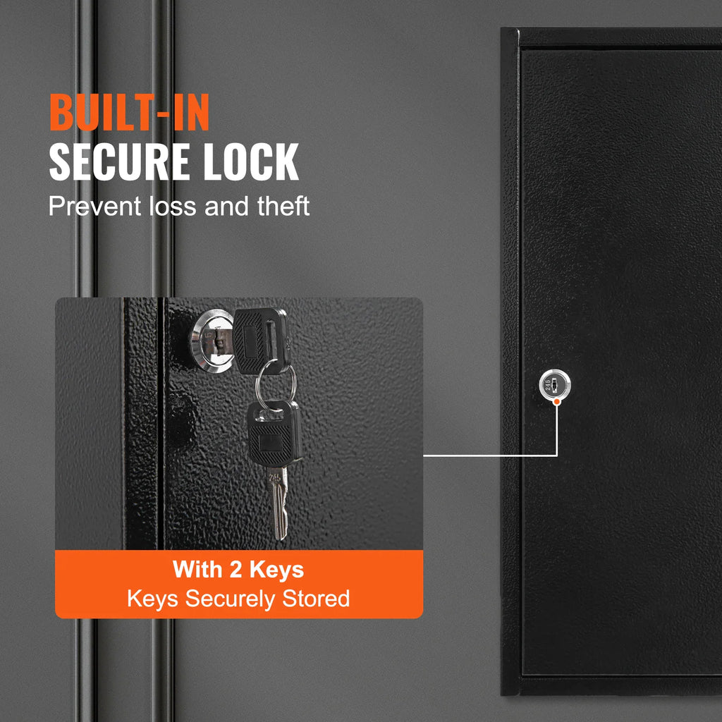 Close-up of the key lock mechanism on a black security key cabinet with two keys included.