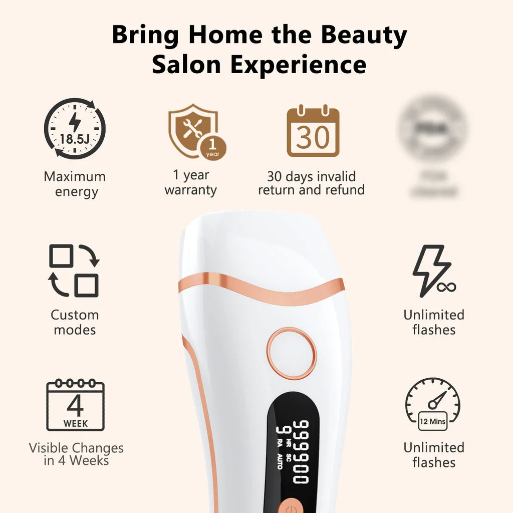 IPL laser hair removal device features and technical specifications.
