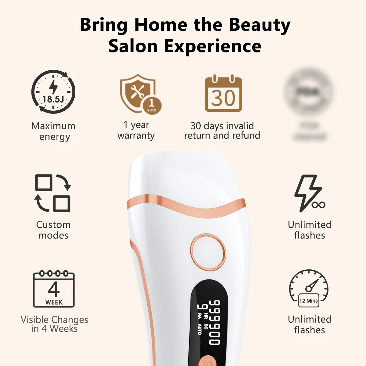 IPL laser hair removal device features and technical specifications.