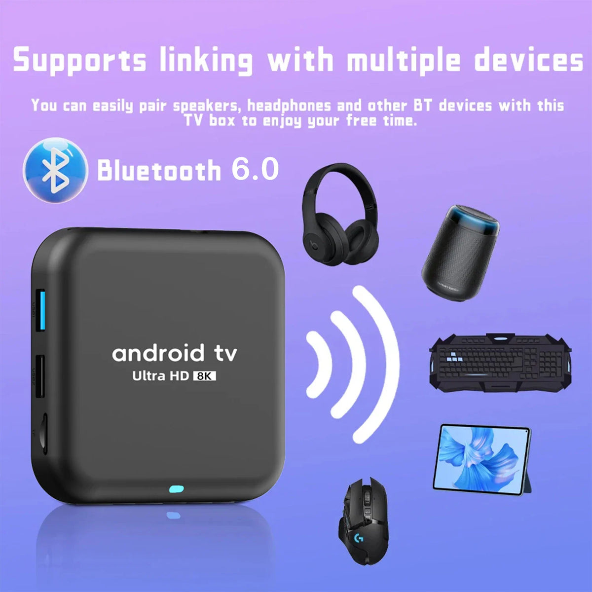 Smart Android TV box with Bluetooth device icons