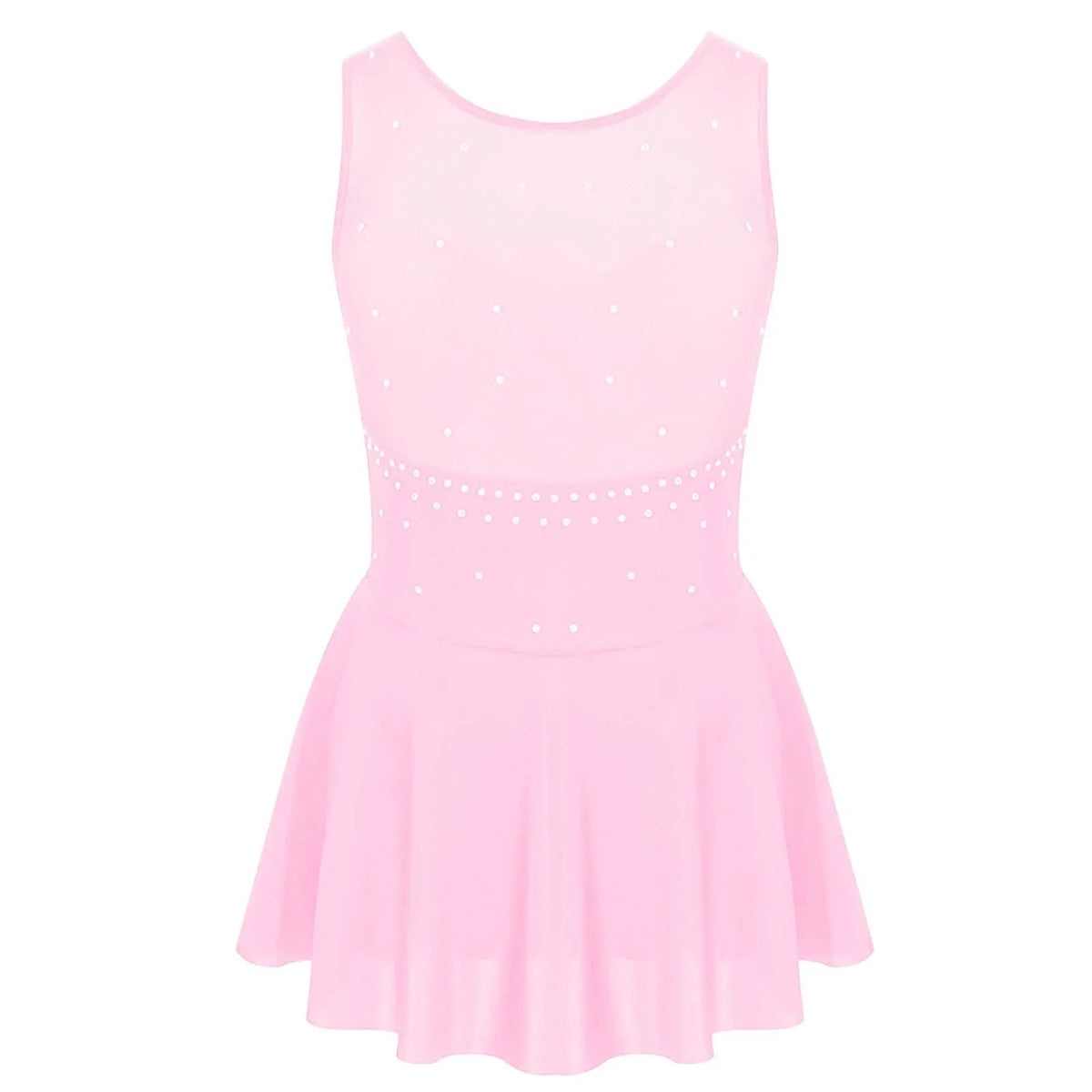 Pink sleeveless ballet leotard with a skirt and rhinestone embellishments
