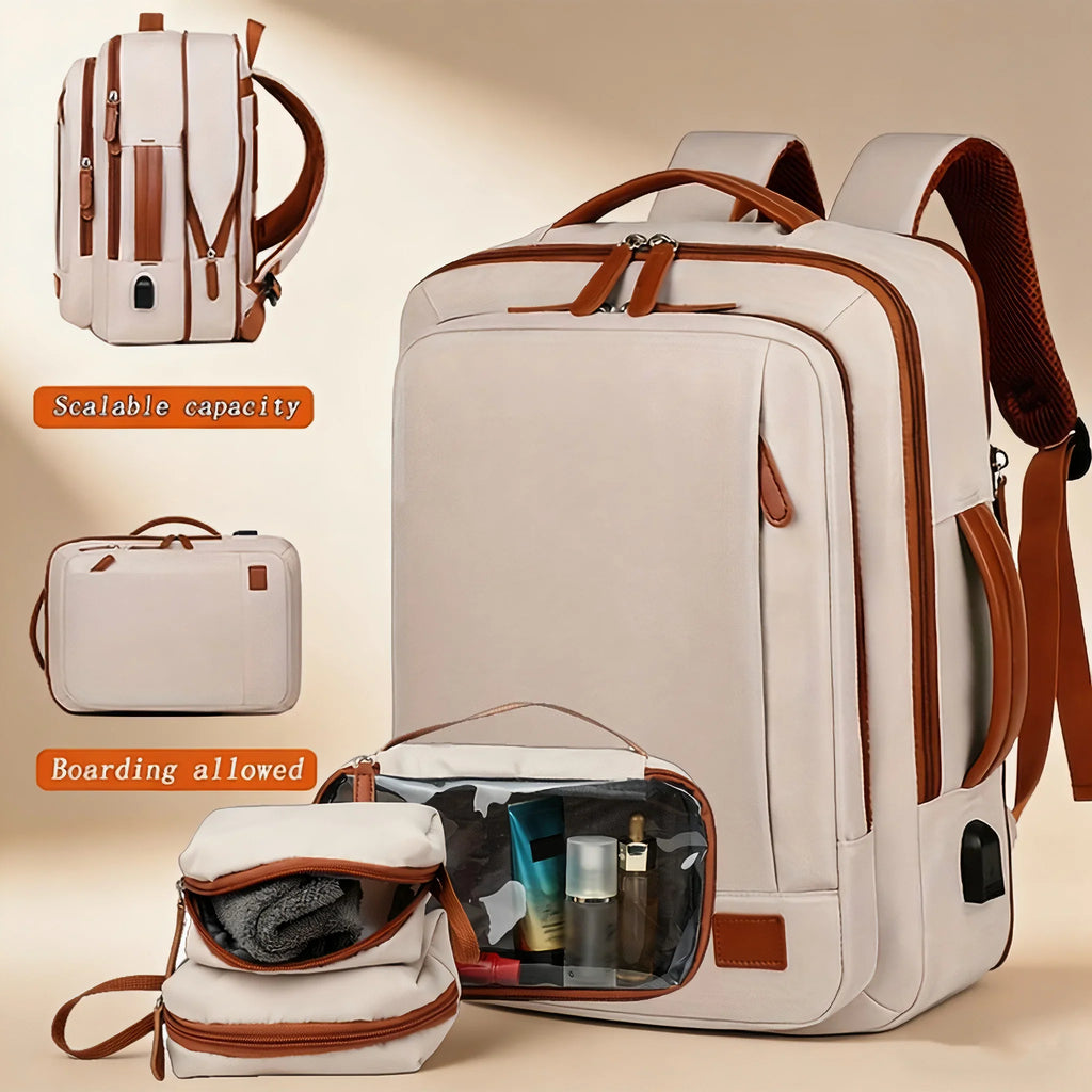 Beige laptop backpack with brown accents, shown with travel accessories, storage bags, and organizational compartments.