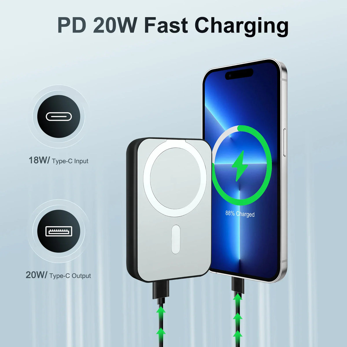 Magnetic wireless power bank charger charging a smartphone with PD fast charging indicators