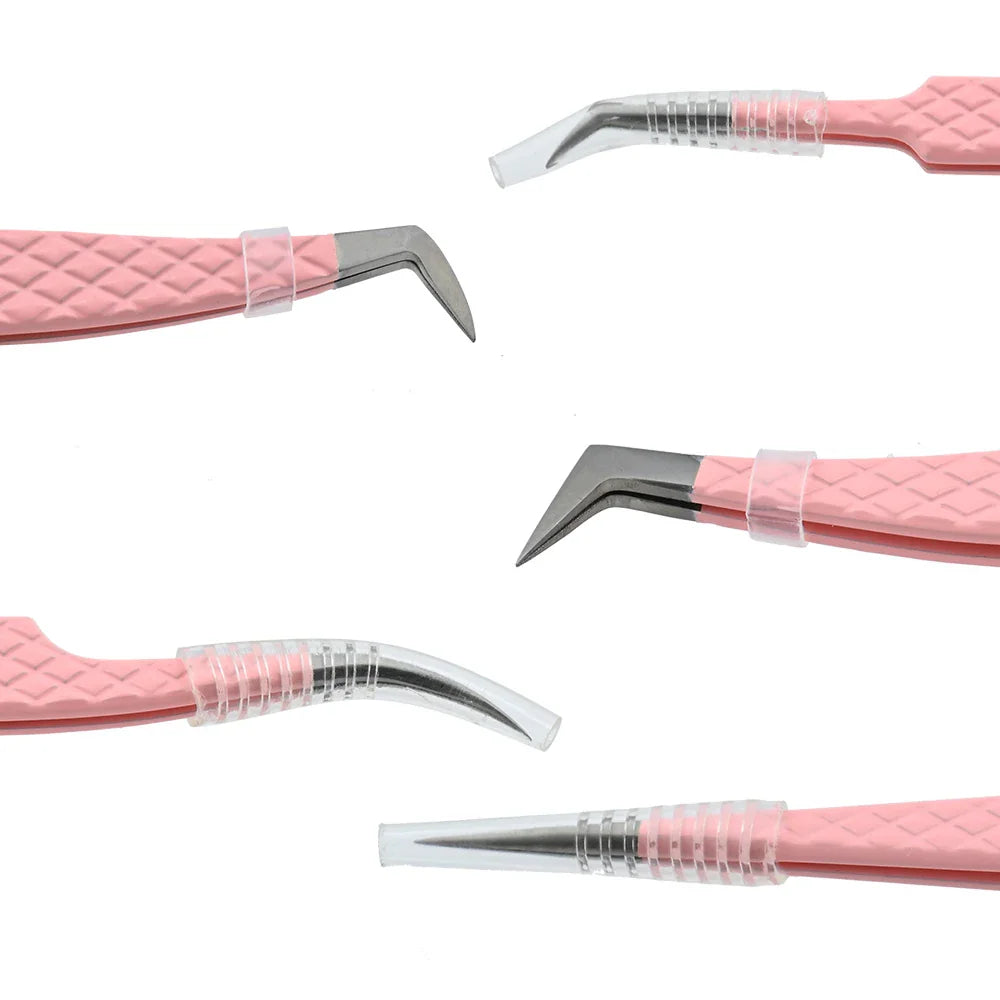 Assorted professional lash tweezers with protective plastic tip covers on a white background