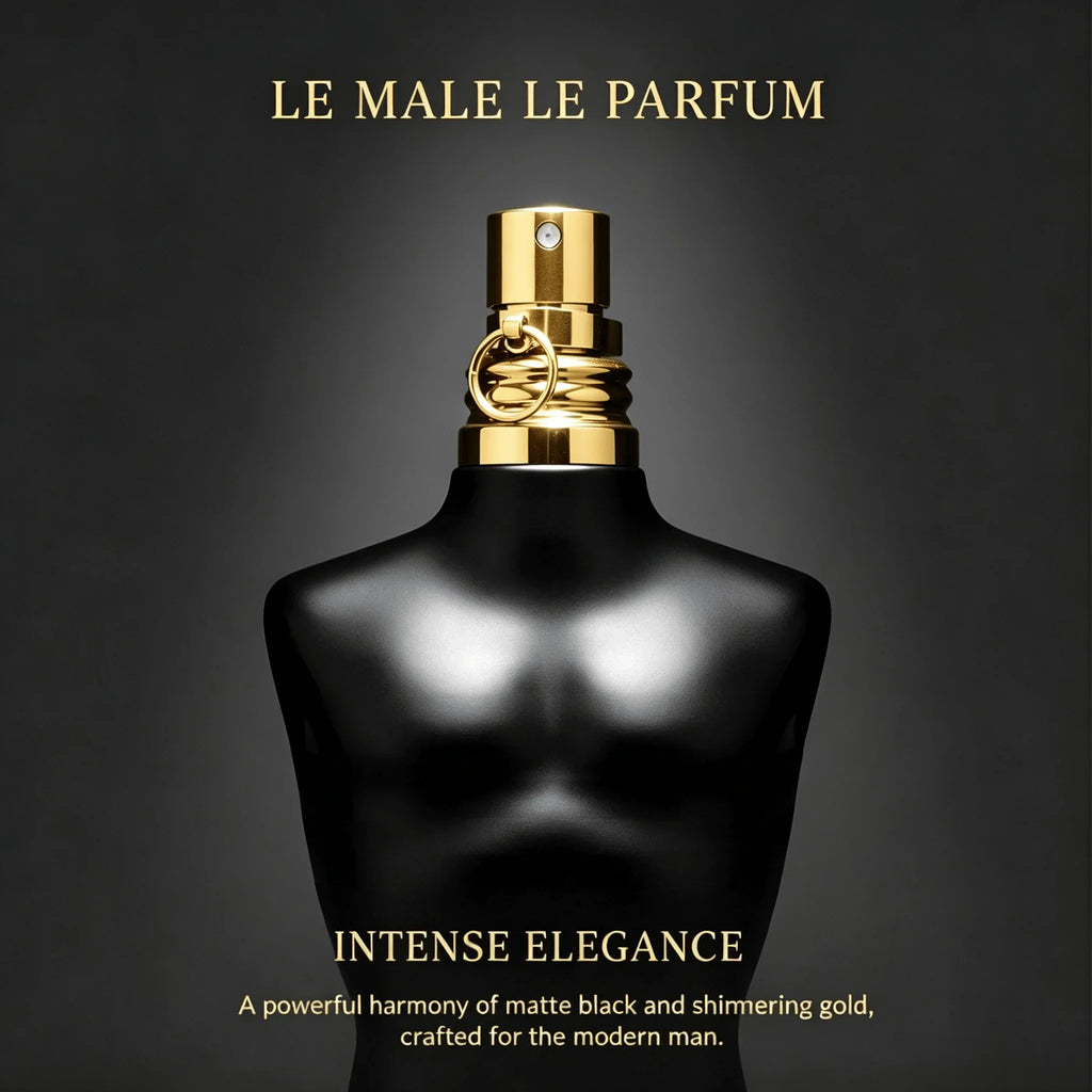 Male torso-shaped fragrance bottle in matte black with a gold collar and ring detail