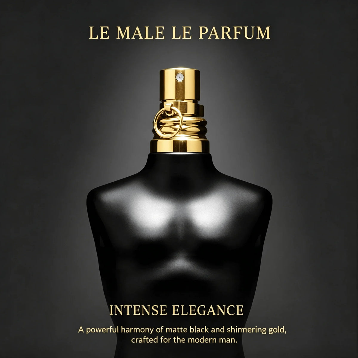 Male torso-shaped fragrance bottle in matte black with a gold collar and ring detail