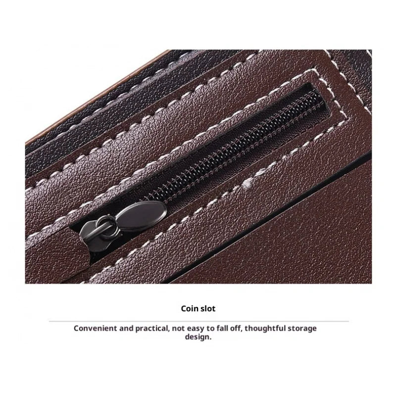 Close-up of the coin slot with a zipper on a leather wallet, including descriptive text underneath.