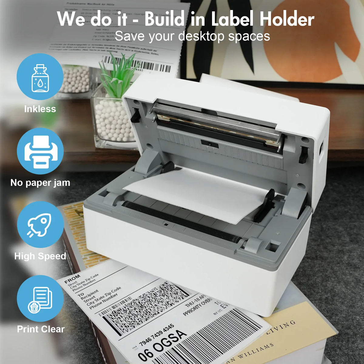 A white thermal label printer showing open cover for loading paper rolls