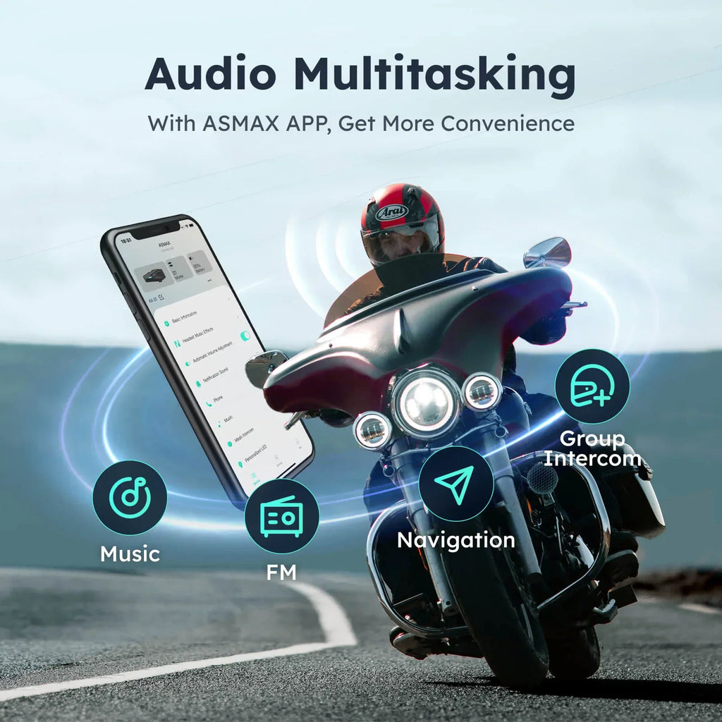 Motorcyclist with smartphone showing an app interface for controlling the intercom