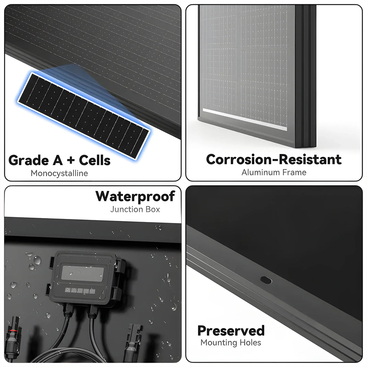 Close-up features of a solar panel including grade A cells, aluminum frame, and junction box