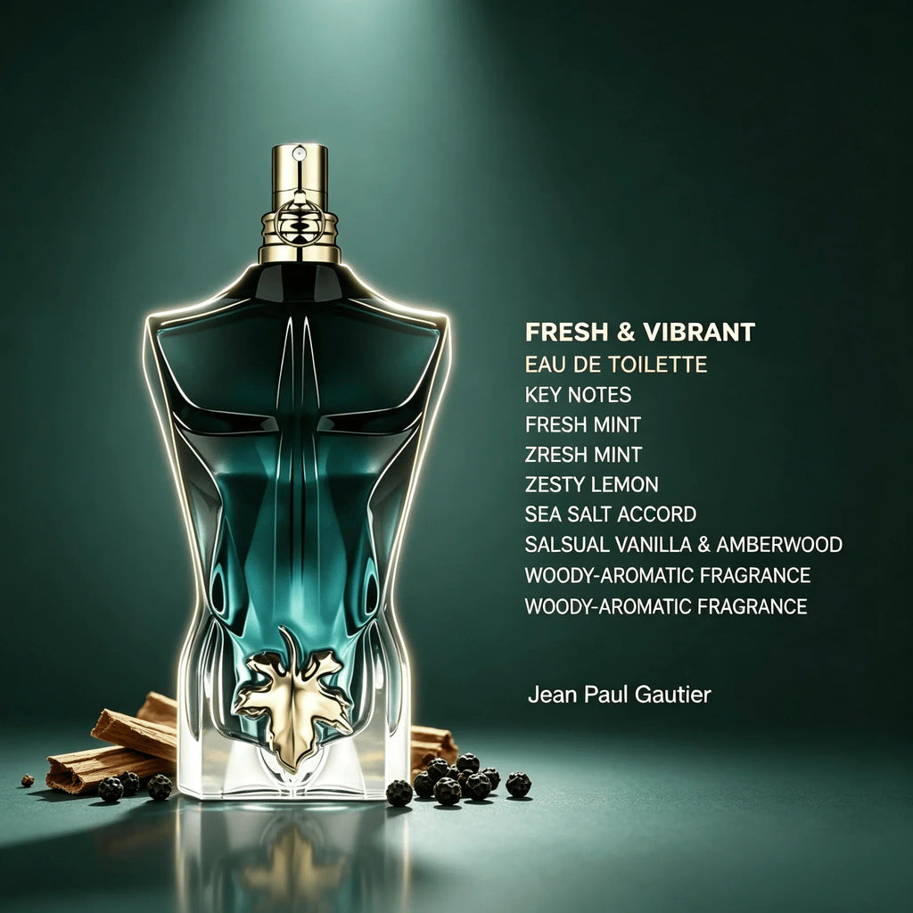Dark torso shaped cologne bottle with a golden leaf accent, surrounded by cinnamon sticks and peppercorns