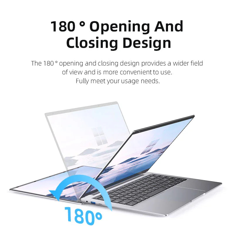 A thin silver laptop shown from the side with the lid angled at 180 degrees.