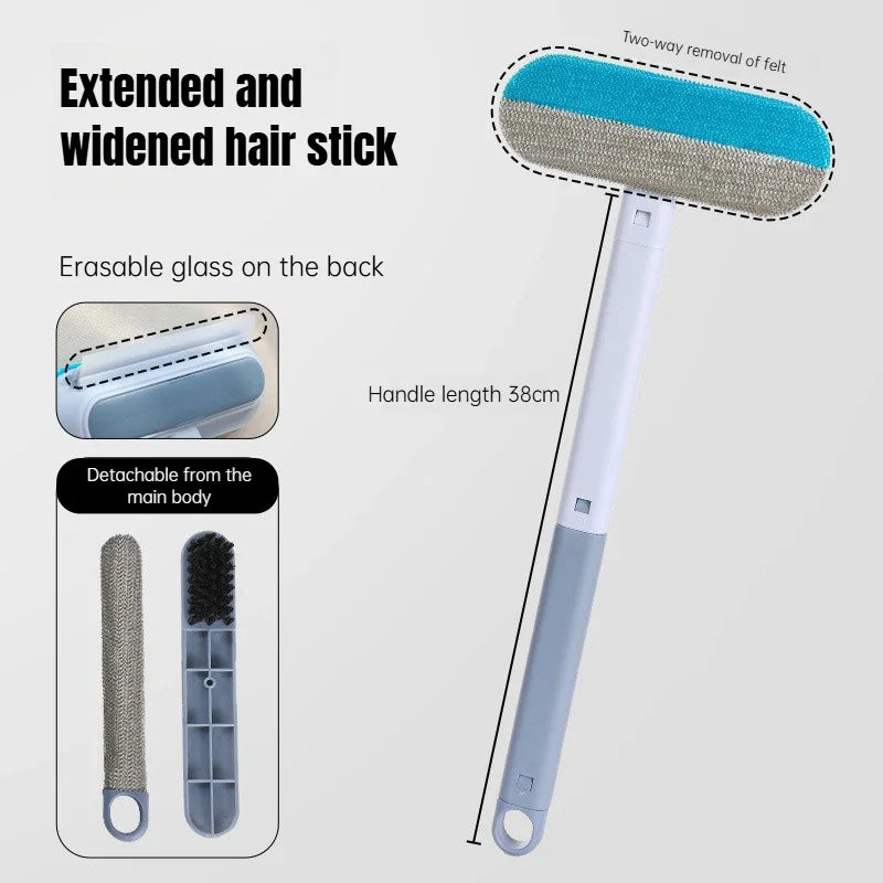 Long-handle hair removal brush with detachable components and features shown in labels