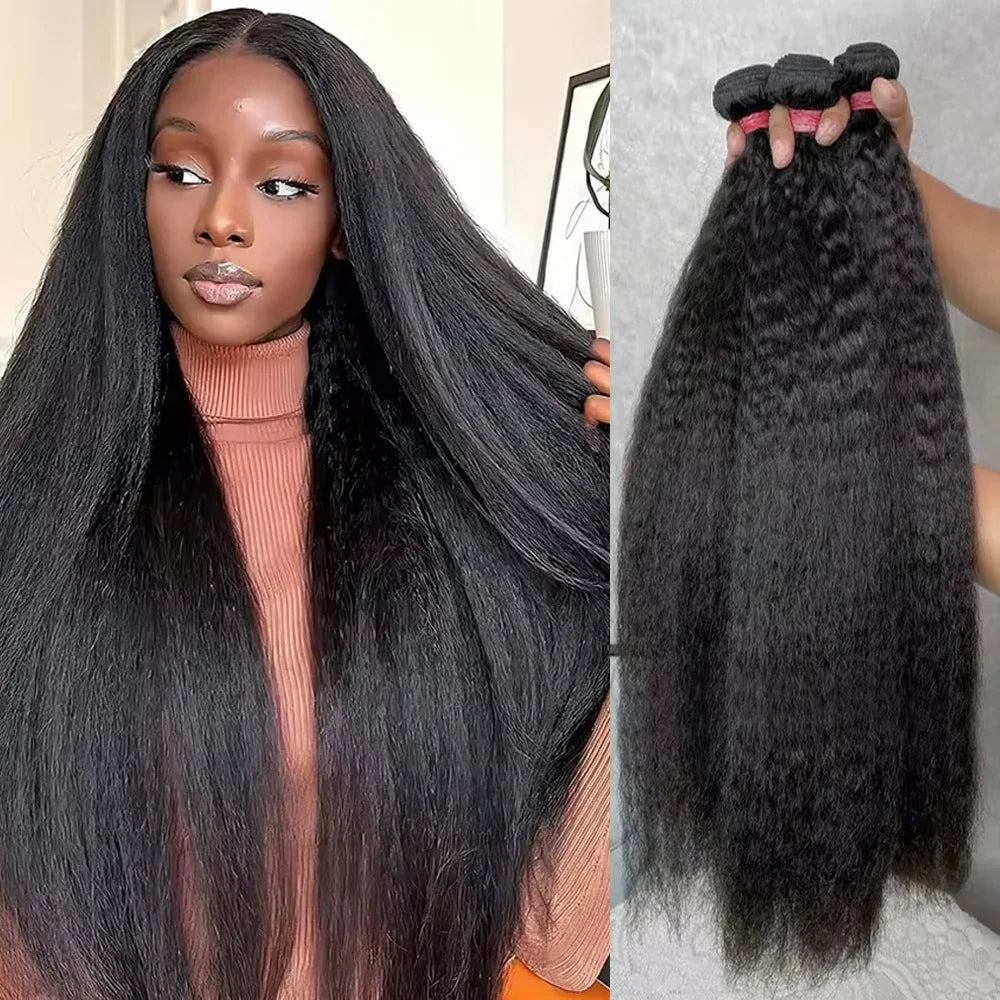 Kinky straight hair extensions bundles on a model and as a bundle