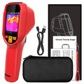 Handheld red thermal camera with a USB charging cable, protective carrying case, and instruction manual.