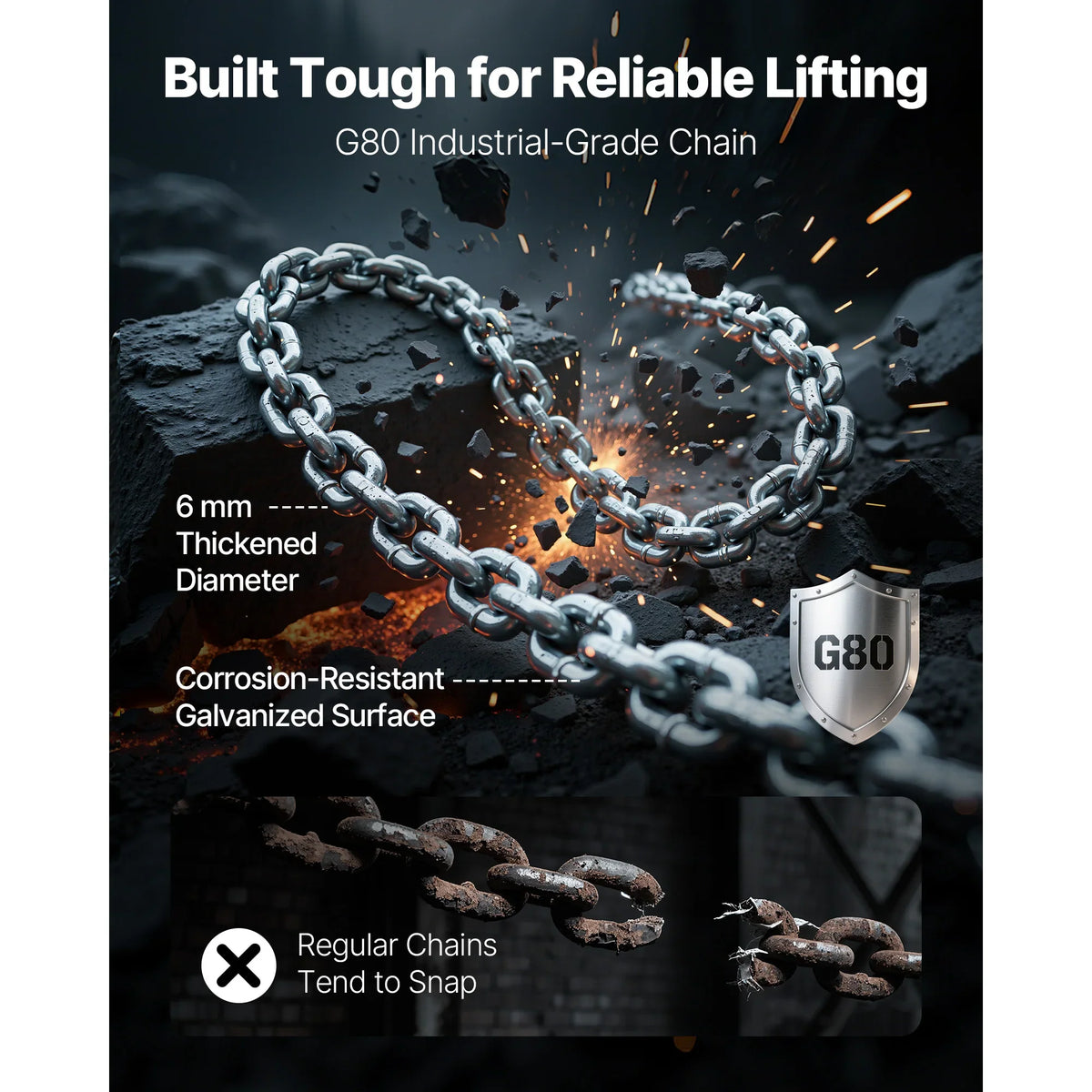 Durable G80 industrial grade steel chain with corrosion-resistant finish.
