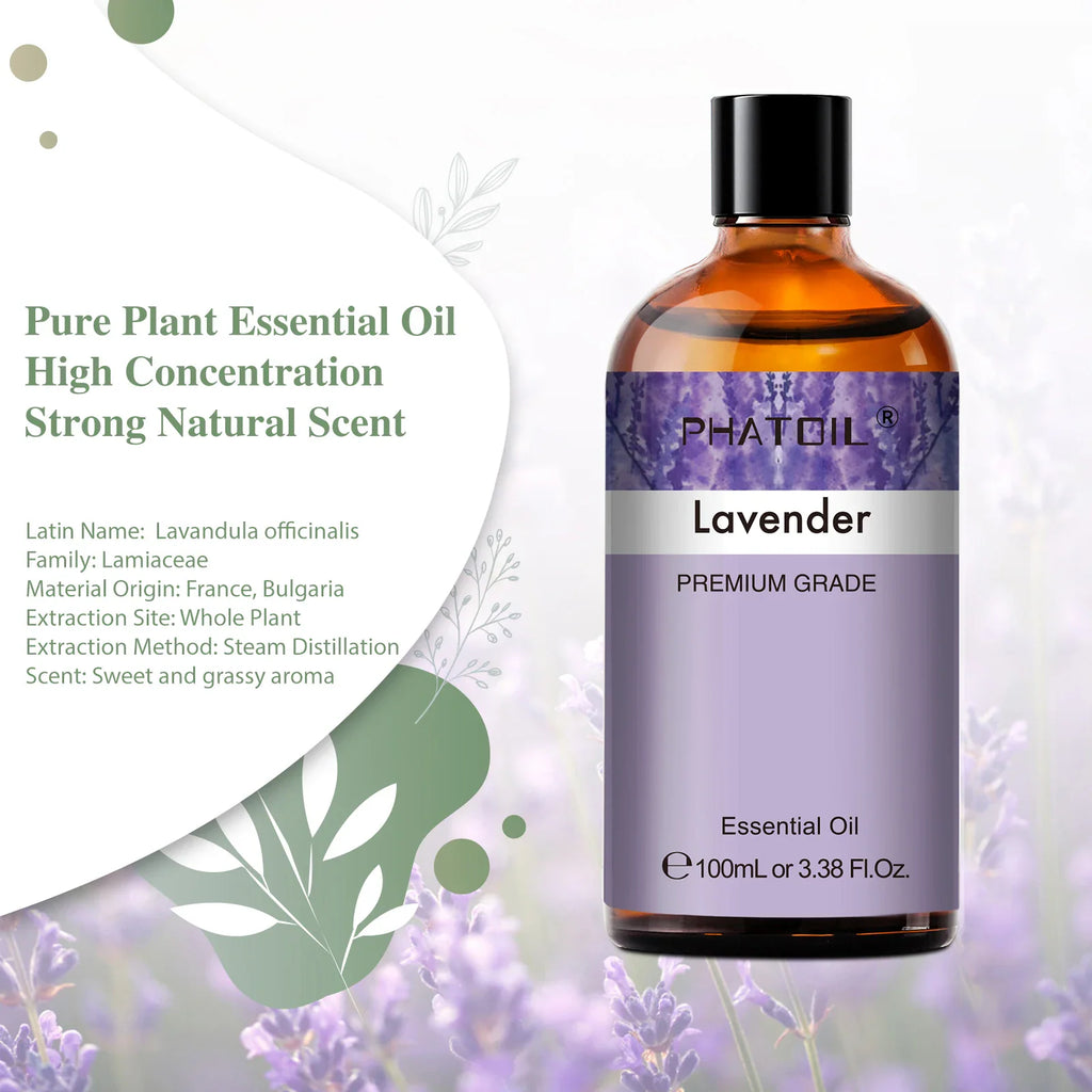 A bottle of lavender essential oil with a list of botanical details and properties overlaid.