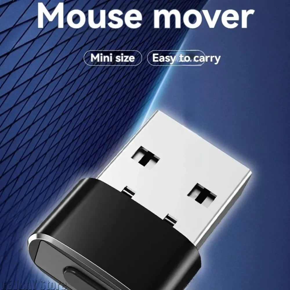 A mini USB mouse jiggler device in black and silver shown against a dark blue background.
