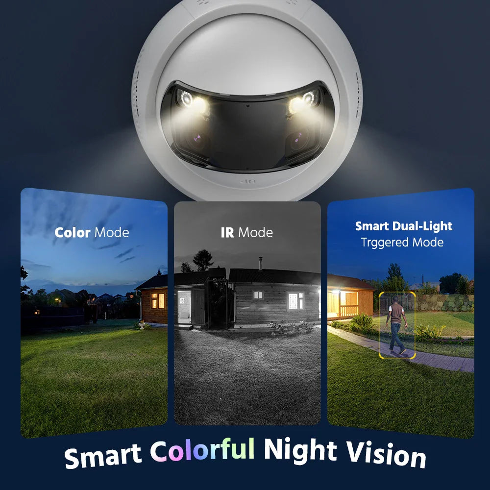 Security dome camera demonstrating color, infrared, and smart dual-light night vision modes