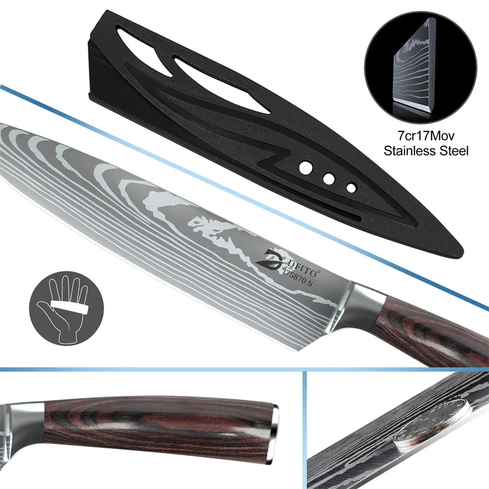 Close-up views of a kitchen knife blade, protective sheath, handle, and a coin placed on the knife edge.