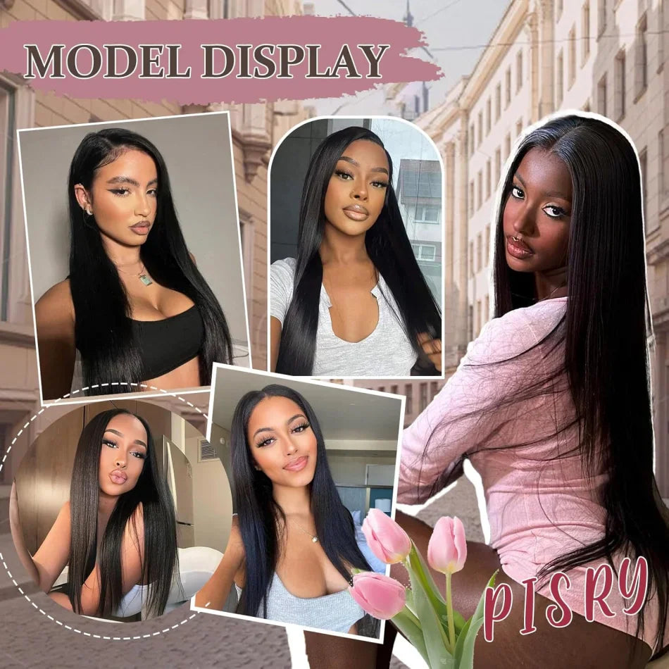 Collage of different models wearing long straight black wigs
