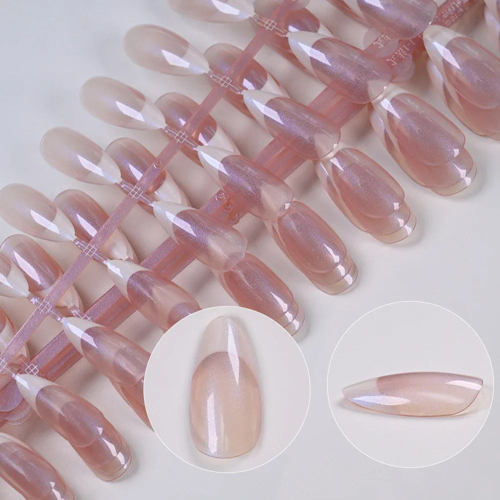 French tip almond-shaped press-on nail tray with close-up individual nail shots