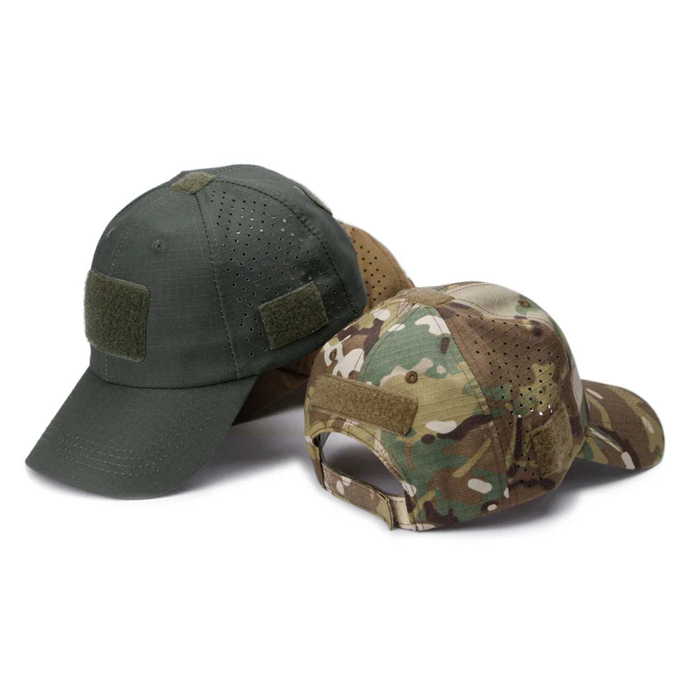 Two tactical baseball caps in olive green and camouflage pattern