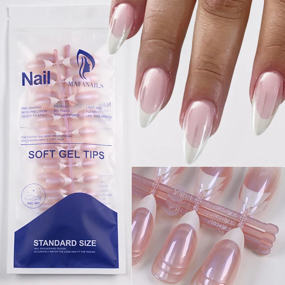 Packaging for soft gel french tip press-on nails with hand showing application