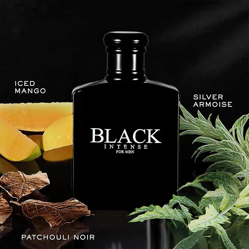 Black perfume bottle for men surrounded by iced mango, silver armoise, and patchouli noir ingredients